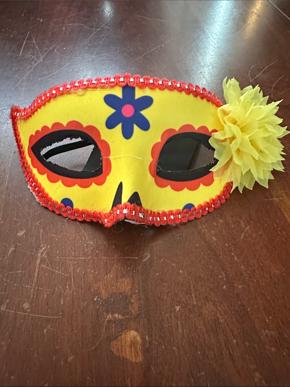 Yellow Floral Decorative Face Mask for Women with Red Trim